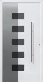 abstract design on household front door with half clear, half sand-blasted.